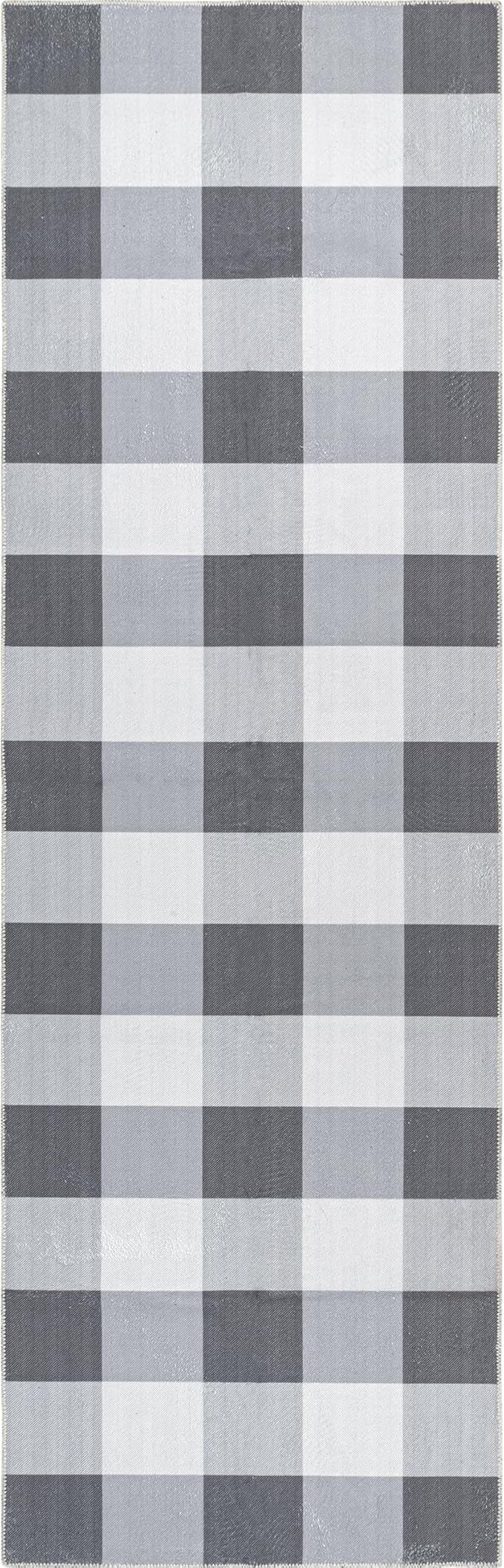 nuLOOM Lucy Machine Washable Farmhouse Buffalo Plaid Ultra Thin Runner Rug, 2' 6" x 10', Grey