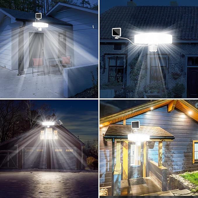 Energetic Solar Outdoor Lights, 1800LM 150 LED Security Motion Sensor Outdoor Lights with Remote Control, IP65 Waterproof Floodlight, 3 Head Motion Detected Spotlight for Garage, Pack of 2 (White)