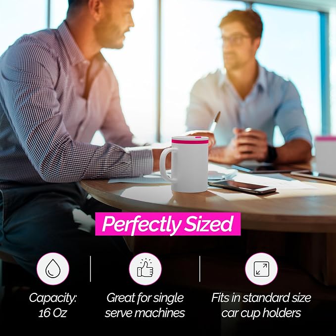 Copco Iconic Desk Mug with Lid & Handle, 16 Oz - Pink, Set of 2 | Double-Wall Insulated Reusable Coffee Mug, Spill-Resistant Slide, Wide Mouth for Hot & Cold Drinks, Office & Travel Cup