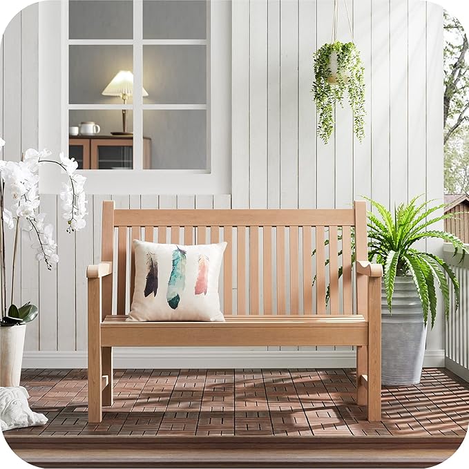 Psilvam 2-Person Poly Lumber Outdoor Bench with 700 Lbs Weight Capacity – Weatherproof Garden Seating for, Balcony Porch & Park, All-Weather Fade-Resistant Patio Furniture (Teak Color)