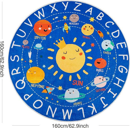 Round ABC Kids Rug,5.2 Ft Soft Circle Alphabet Playroom Rug,Washable Non-Slip Solar System Kids Play Rug,Space Educational Rug Kids Carpet for Classroom Playroom Bedroom Kids Room Decor