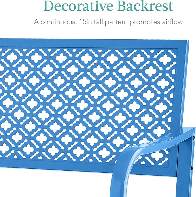 Best Choice Products Outdoor Bench 2-Person Metal Steel Benches Furniture for Garden, Patio, Porch, Entryway w/Geometric Backrest, 790lb Capacity - Ocean Blue