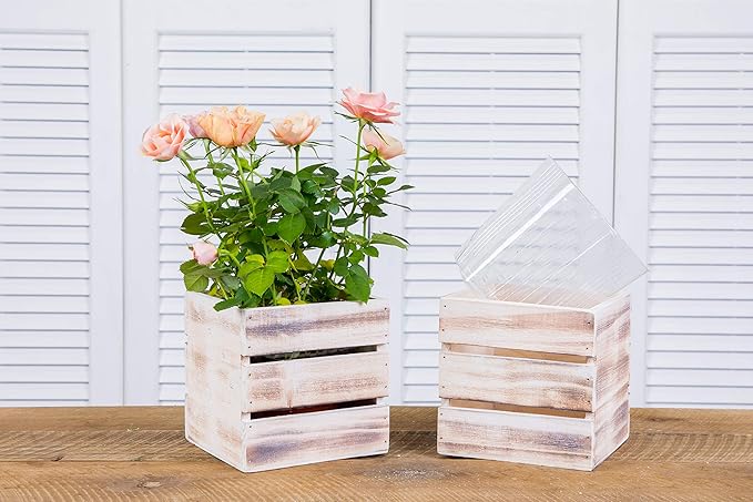 Wood Planter Box with Wine Crate Styled, 5 Inch Square, Whitewash, Plastic Liner, Garden Centerpiece Display, Wedding Flowers Holder, Home and Venue Decor (5x5 Wine Crate Set of 4, Whitewash)
