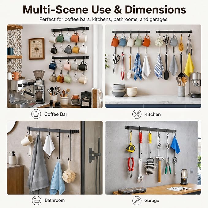 17" Coffee Mug Hook Rack Wall Mounted Set of 2 | Black Metal Tea Cup Holder Hanger Organizer 10 Hooks, Kitchen Rail Utensil Rack for Dining Room Coffee Bar