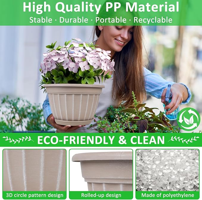 FGstyle 10 Inch Plants Pot,4 Pack Flower Pots,Planters Pot with Drainage Hole & Saucer,Modern Planters for Indoor Outdoor Plants,Decorative Resin Garden Pots for Outdoor Indoor Home Plants (Beige)