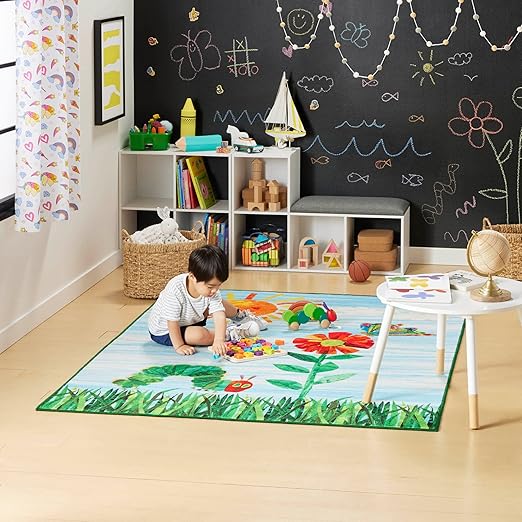 Eric Carle Home Dynamix The Very Hungry Caterpillar Elementary Sun Scene Kids Machine Washable Area Rug, Blue/Green, 35"x51"