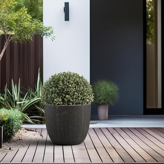 Kante 14 Inch Dia Round Concrete Planter, Indoor Outdoor Large Plant Pot with Drainage Hole and Rubber Plug for Home Patio Garden, Oil Rubbed Bronze