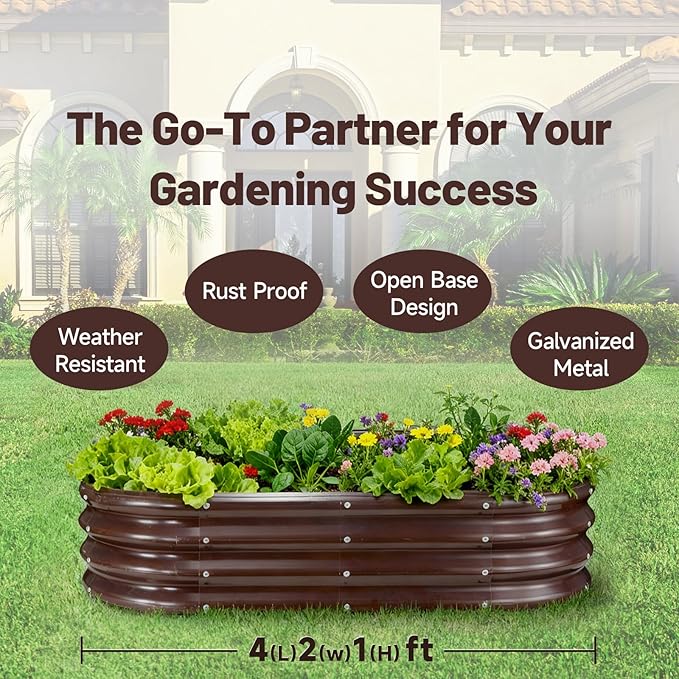 GOOZOO Galvanized Planter Raised Garden Bed, 4x2x1ft Raised Garden Bed Kit for Gardening Outdoor, Oval Metal Land Planter Box for Vegetables, Fruits, Flowers(Brown)