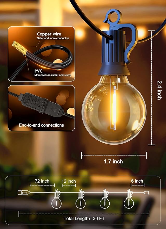 Brightown 30FT LED Outdoor String Lights, Plug-in Waterproof Patio Lights with 25 Shatterproof Bulbs, Warm White Outdoor Hanging Light Decor for Backyard Deck Garden Bistro Porch Party