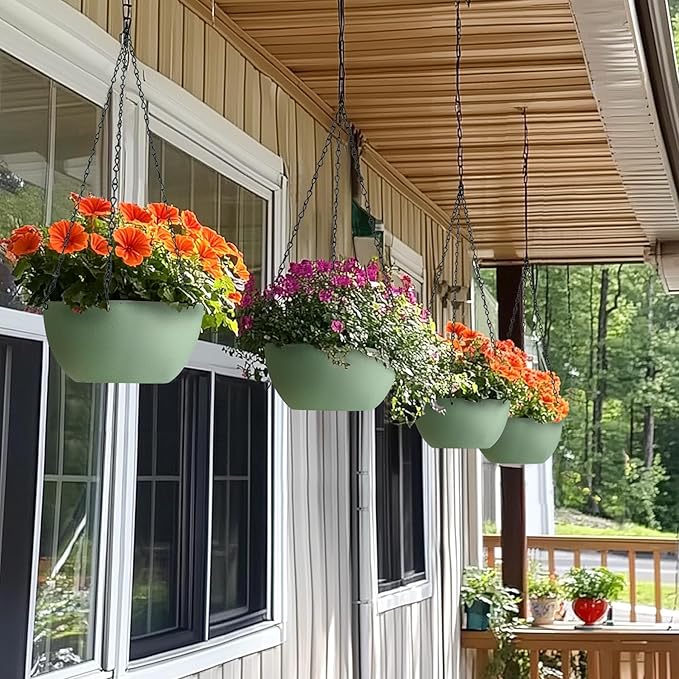 T4U 10 Inch Hanging Planters for Indoor Outdoor Plants, 2 Pack Plastic Hanging Planter, Indoor Hanging Plant Pots, Hanging Basket with Drainage Holes, Flower Pots for Garden Home Decor,Green