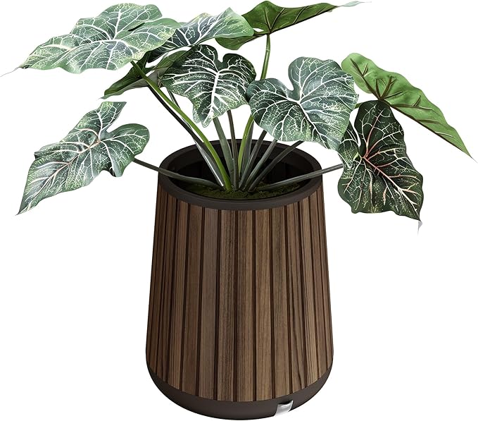 Keter Signature Conic 23.8 Inch Tall Round Large Wood Look Planter for Indoor or Outdoor Flower Pot Ideal for Patio Deck and Front Porch Decor, Rosewood
