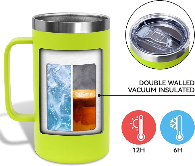 DOMICARE 24oz Mug with Handle and Lid, Stainless Steel Coffee Mug, Travel Mug with Handle, Double Wall Vacuum Coffee Tumbler, Reusable Insulated Cup, Light Green, Pack 4