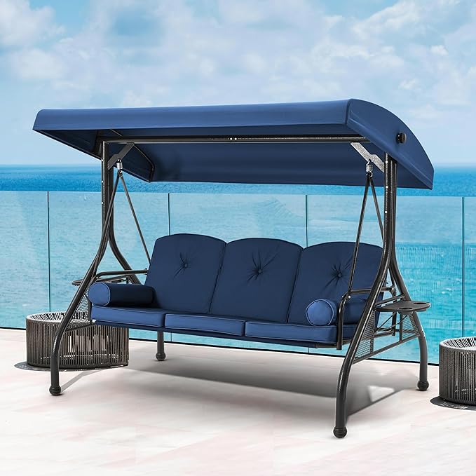 HOMREST 3 Seat Outdoor Porch Swing with Adjustable Canopy, Convertible Patio Swing Bed with Stand, Patio Glider Swing with Upgraded Cup Holder, Thicken Cushions & Pillow for Backyard (Blue)