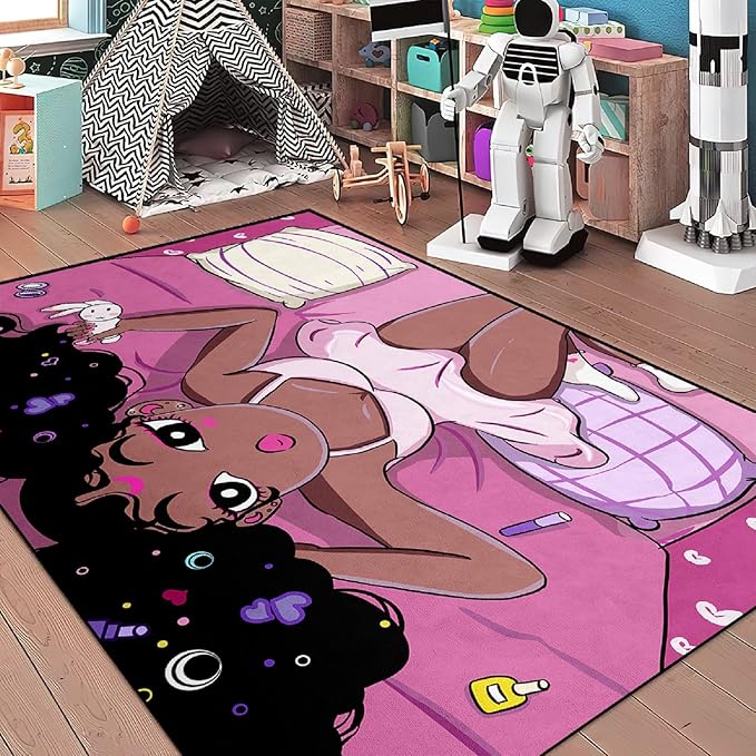 Black Magic Girls for Bedroom Large Cute African American Girls Floor Rugs for Bedroom Black Magic Girl Area Rug Girls Room Decor Pink Room Decor for Teen Girls, 5'×7'