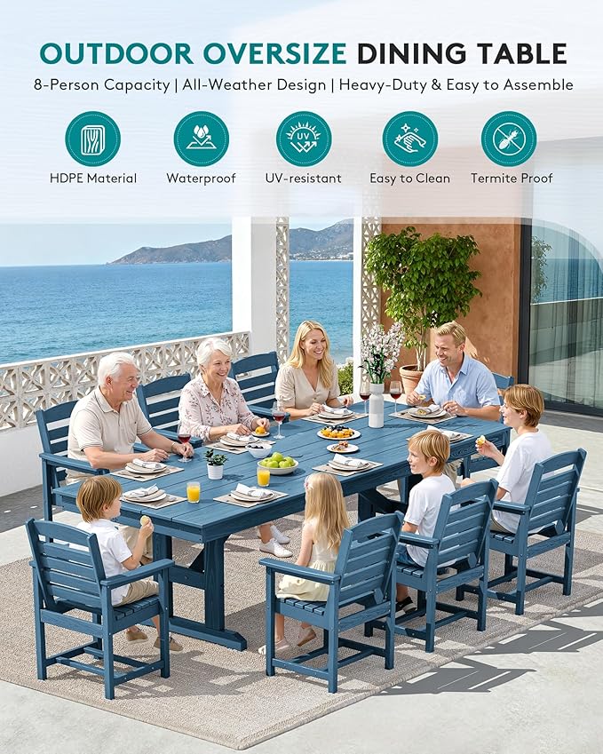 SERWALL 9 Piece Outdoor Dining Set, 84" HDPE Outdoor Table and Chairs for 8,All Weather Patio Furniture Set with Umbrella Hole for Backyard, Garden, Blue