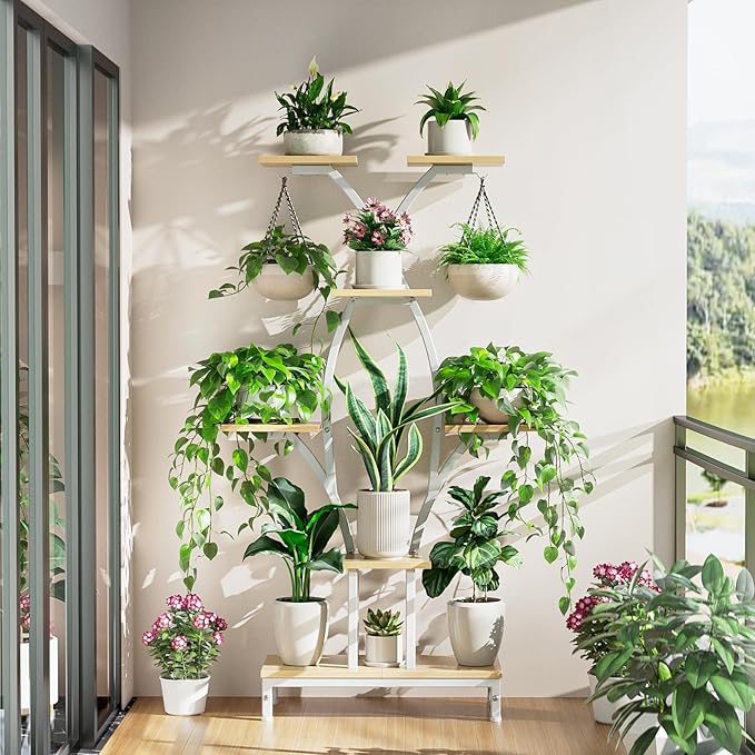 Plant Stand Indoor with Grow Lights - 7 Tiered Metal Corner Shelf for Multiple Plants, 63" Corner Plant Stand for Indoor Plants, X-Shaped Plant Rack for Home, Living Room, Office & Patio Decor