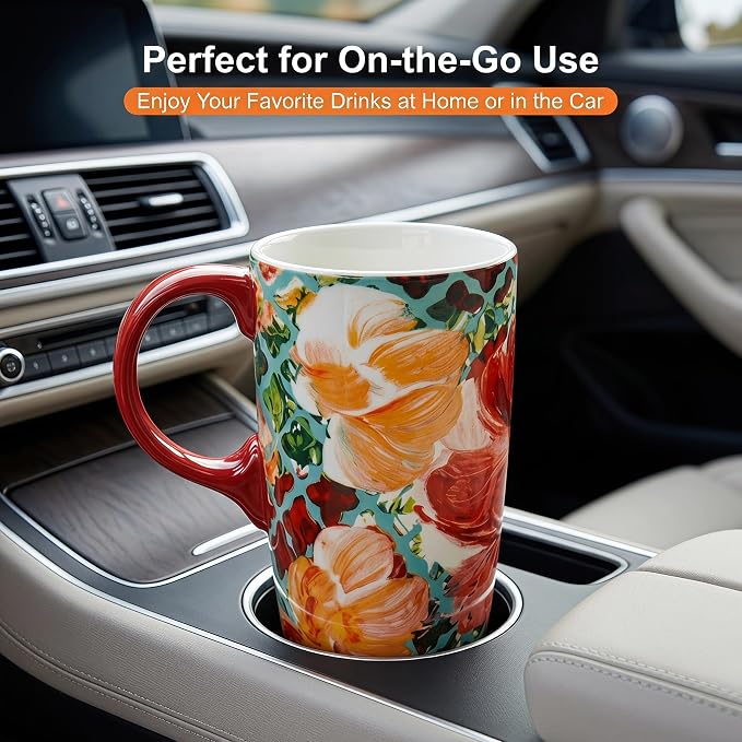 Topadorn 17oz Ceramic Travel Mug with Lid, Colorful Floral Coffee Mug | Artistic Ceramic Travel Cup, Microwave & Dishwasher Safe, Gift Box Included