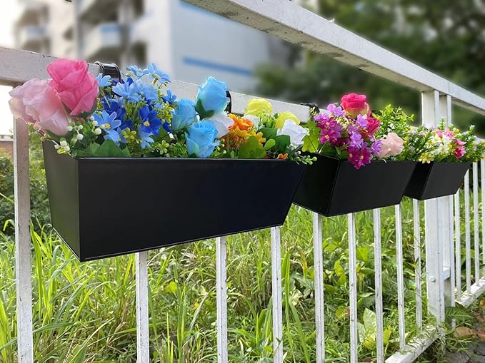 3 Pcs Large Hanging Flower Pots for Railing Or Fence 16 Inch Railing Planter Box for Any Balcony, Porch or Deck Countryside Style Window Planter Boxes Are Perfect to Herbs & Flowers for Garden (Black)