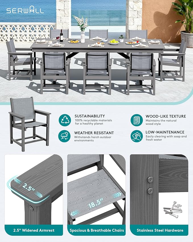 SERWALL 9 Piece Outdoor Dining Set, 84" HDPE Outdoor Large Table and Texilene Chairs for 8,All Weather Patio Dining Furniture Set with Umbrella Hole for Backyard, Garden, Gray