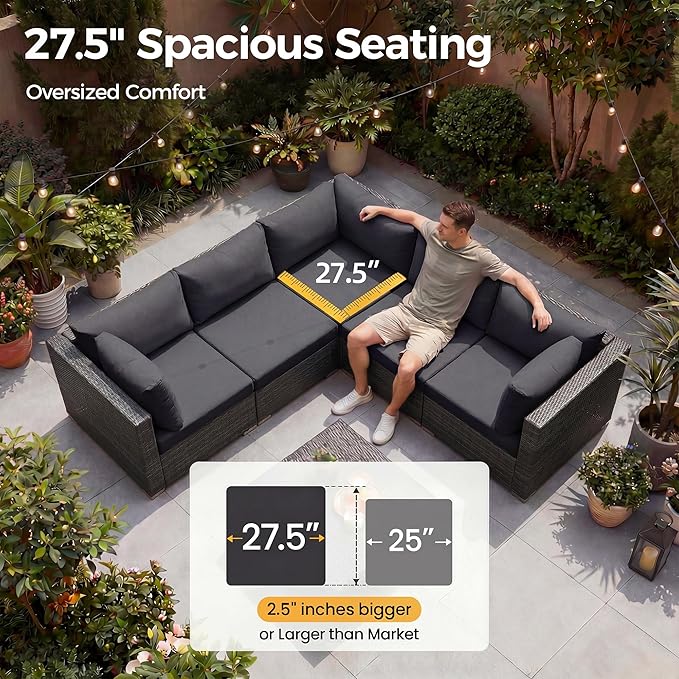 NICESOUL 9 Piece Outdoor Patio Garden Furniture Set with Fireplace Natural Gas/Propane, 29.3'' High Back Oversized Wicker Sectional Sofas, Deep Seating Couches for Outside Backyard Terrace, Gray