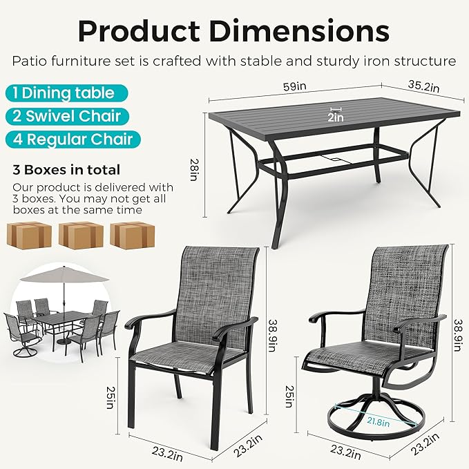 Pamapic 7-Piece Outdoor Dining Set, Patio Dining Set for 6, All-Weather Outdoor Patio Set with 2 Textilene Swivel Chairs & 4 Regular Chairs for Garden, Poolside, Deck,Gray