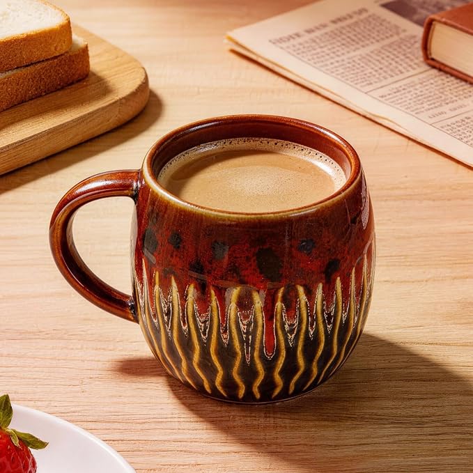 20oz Large Ceramic Coffee Mugs Unique Big Pottery Coffee Mug Microwave Safe Cool Stoneware Cups for Tea Latte Oversized Mug With Handle for Home Red Wide Clay Mugs for Men Fancy Handmade Ceramic Cup
