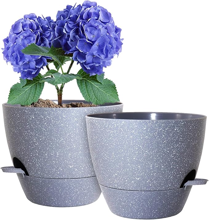 10 inch Self Watering Pots, Planter, Plant Pots with Mesh Drainage Holes for Indoor Outdoor House Plants and Garden, Set of 2 Plastic Flower Pots with Deep Reservoir, Speckled Grey