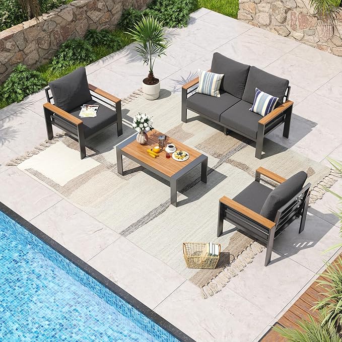 Aoxun Aluminum Patio Furniture Set 4 Seats, Oversized Outdoor Sectional with Washable Cushions, Coffee Table and Waterproof Cover, Patio Conversation Sets for Porch, Balcony, Deck