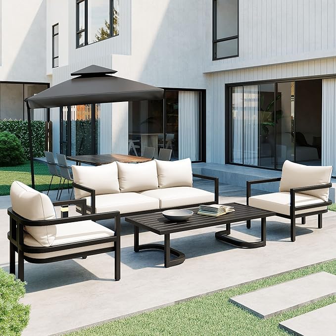 Merax 4 Piece Sectional Furniture Patio Sofa Multi-Person Outdoor Steel Sofa Set, Waterproof, Anti-Rust and Anti-uv, Suitable for Gardens and Lawns,Beige