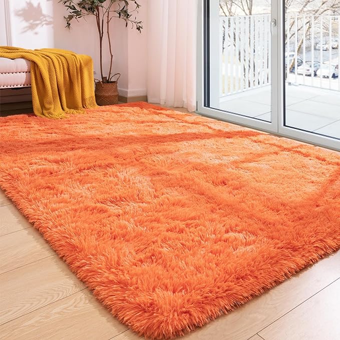 Softlife Area Rug for Living Room, 5x8 Feet Plush Fluffy Rug for Bedroom, Orange Furry Shag Rug for Aesthetic Christmas Room Decor, Ultra Soft Modern Fuzzy Faux Fur Carpet for Kids Nursery Room Dorm