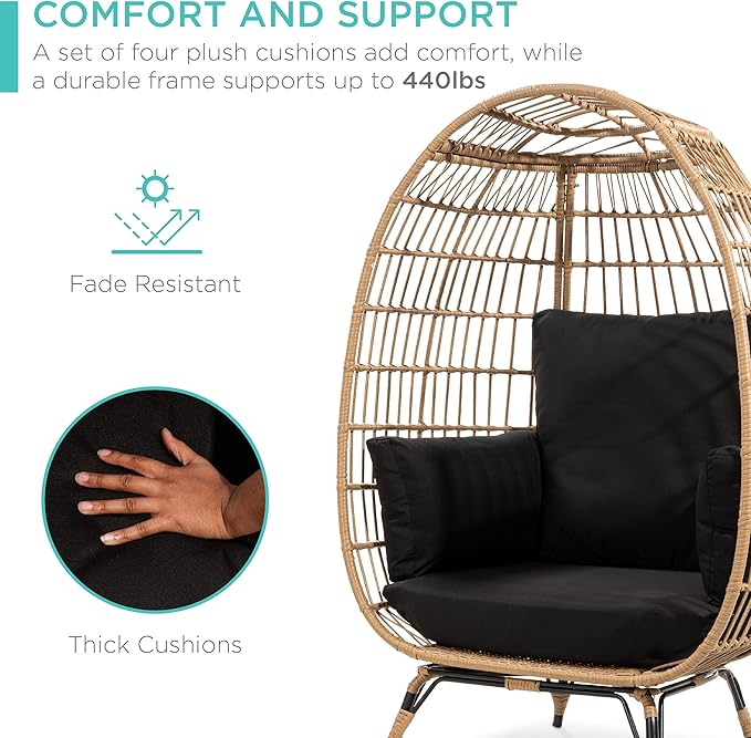 Best Choice Products Wicker Egg Chair, Oversized Indoor Outdoor Lounger for Patio, Backyard, Living Room w/ 4 Cushions, Steel Frame, 440lb Capacity - Black
