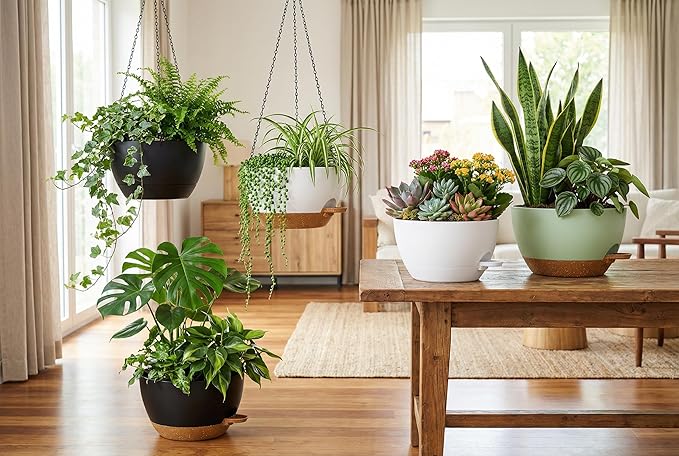 Hanging Planters, 3-Pack 10 Inch Self-Watering Pots with Drainage Holes and Chains, Matte Plastic Planters for Indoor/Outdoor Plant(White)