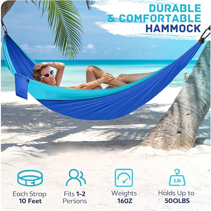 Camping Hammock Lightweight, Portable Hammocks Parachute Hammock with Two Tree Straps, Single or Double Travel Swing Nylon Camp Hammocks, Outdoor Essentials for Beach Backpacking Hiking, Blue