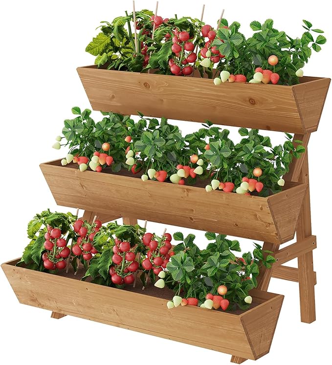 3-Tier Wooden Vertical Raised Garden Bed with Legs, Tiered Planter Box, Vertical Garden Planter,Wood Plant Stand Wood Flower Rack for Patio, Balcony, Freestanding. (Brown-Large)