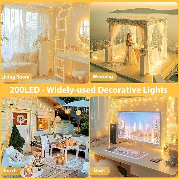 Christmas Lights Indoor Outdoor, Clear Wire 66Ft 200 LED String Lights for Bedroom, 13 Modes Twinkle Fairy String Lights for Xmas Tree Wedding Party Bedroom Garden Decorations (Warm White)