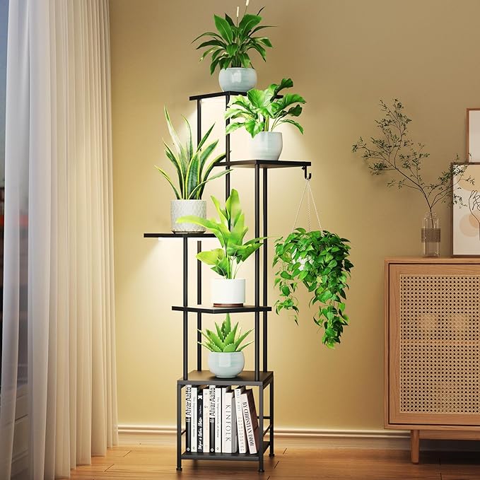 Plant Stand Indoor with Grow Light, 6-Tiered Tall Plant Stand Indoor, Metal Plant Shelf with Hanging Basket Hook and Adjustable Light, Ideal for Living Room, Garden, Patio, Black