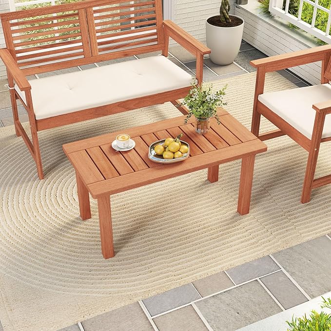 Tangkula Outdoor Coffee Table, 35.5” Patio Table with Slatted Tabletop, Rectangular Wooden Center Table Indoor Outdoor for Balcony, Poolside, Garden, Living Room, Natural