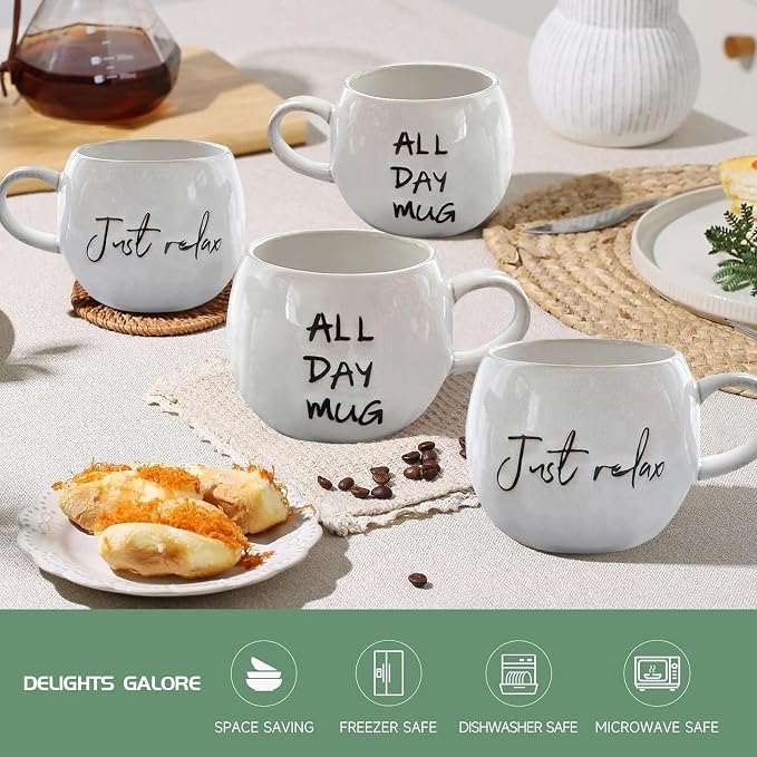 Ceramic Coffee Mugs Set, Just Relax and All Day Design, large capacity heat-resistant handle, Great for Tea Hot Chocolate, Microwave Safe, Modern, Unique Style for Any Kitchen-4pack