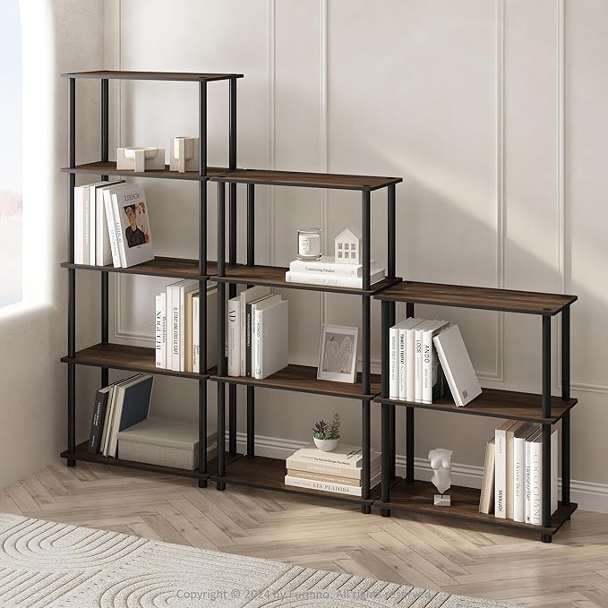 Furinno Turn-N-Tube 5-Tier Multipurpose Compact Display Rack, Shelving Unit, Bookcase, Columbia Walnut/Black