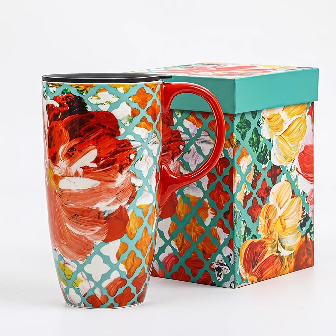 Topadorn 17oz Ceramic Travel Mug with Lid, Colorful Floral Coffee Mug | Artistic Ceramic Travel Cup, Microwave & Dishwasher Safe, Gift Box Included