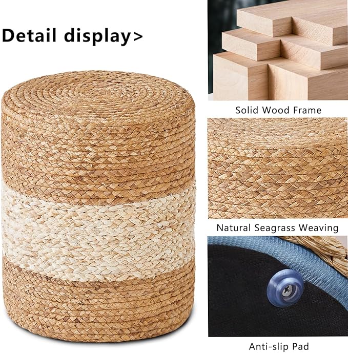 Wimarsbon Foot Stool Ottoman Round Natural Seagrass Footrest Stool Hand-Woven Boho Pouf Ottomans Home Decor Footstool Extra Seating for Living Room Bedroom Entryway White