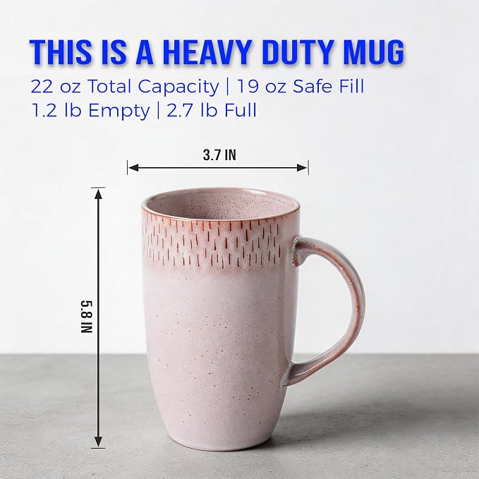 22oz Oversized Heavyweight Ceramic Coffee Mug, Large (Pink) | 22oz Extra Large, Oversized Heavyweight Ceramic, Reactive Glaze, Microwave & Dishwasher Safe, Prop 65 Compliant, Gift Box