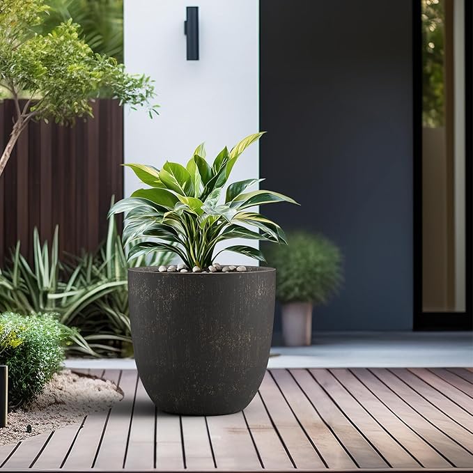 Kante 18 Inch Dia Round Concrete Planter, Indoor Outdoor Large Plant Pot with Drainage Hole and Rubber Plug for Home Patio Garden, Oil Rubbed Bronze