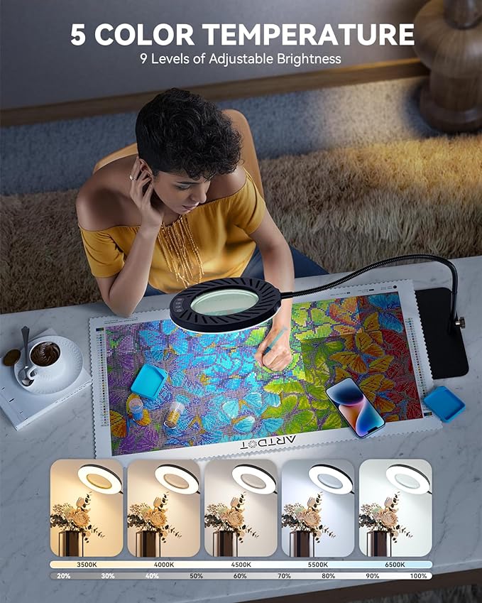 ARTDOT 10X Magnifying Glass with Light and Stand, 144 LEDs Desk Lamp with 5 Color Temperatures and 9 Levels Adjustable Brightness for Diamond Painting Accessories Crafts Reading Hobbies Close Work
