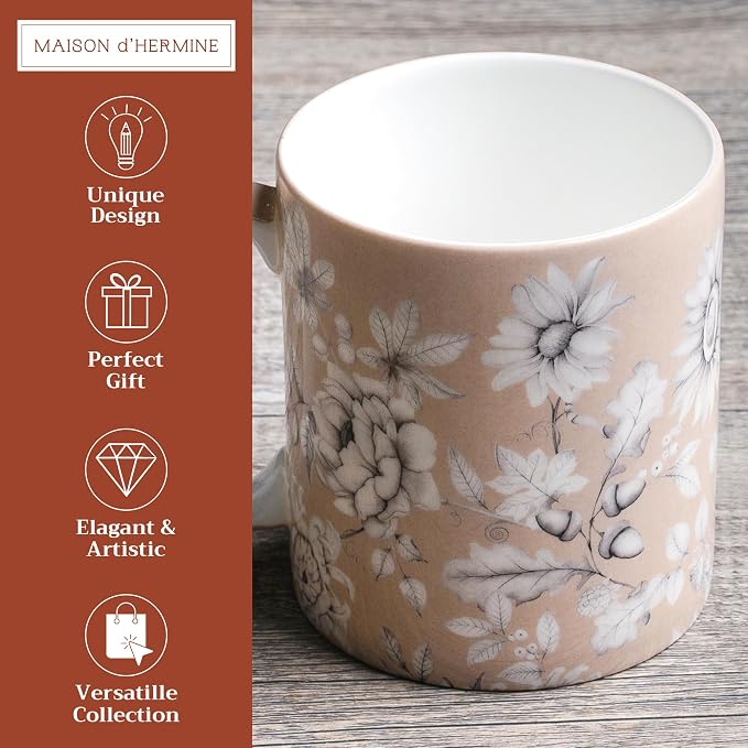 Maison d' Hermine Coffee Mug with Handles Tea Cups (15 Ounce, Pack of 1) | Fine Bone China Coffee Mugs for Hot Beverages Cappuccino Latte Home Restaurant Spring Summer -Pretty Autumn - Mono Autumn