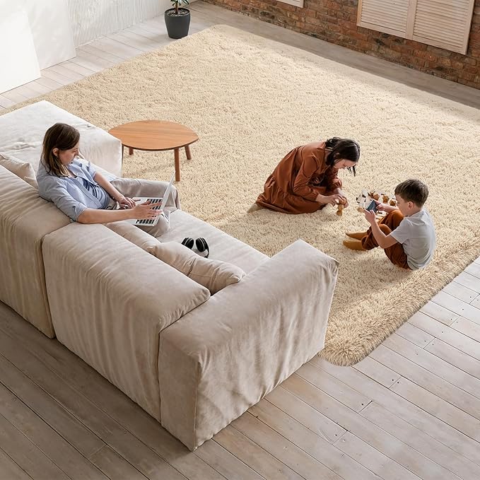 Softlife Rug for Living Room 5.3x7.6 Feet Area Rug for Bedroom Super Soft Shaggy Rugs for Kids Room Fluffy Fuzzy Carpets Long Plush Bedside Rug Nursery Christmas Home Decor for Boys Girls, Beige