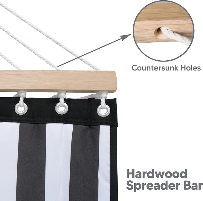SUNCREAT Double Quilted Hammock with Hardwood Spreader Bar, Extra Large Soft Pillow, Heavy Duty 2 Person Hammock for Indoor, Outdoor, Black Stripes