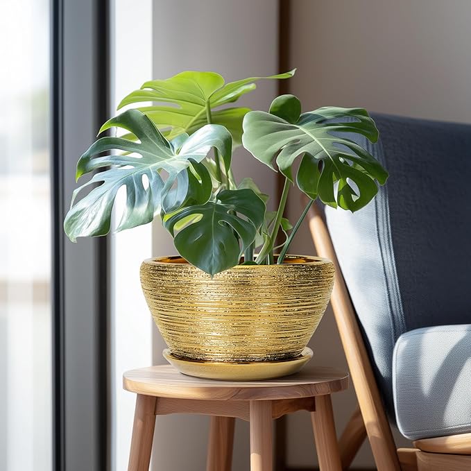 Ceramic Planter 11 Inch - Indoor Plant Pot with Drainage Hole and Saucer Large Planter for Outdoor Plants Mid-Century Decorative Flower Pot for Home Decor Gold