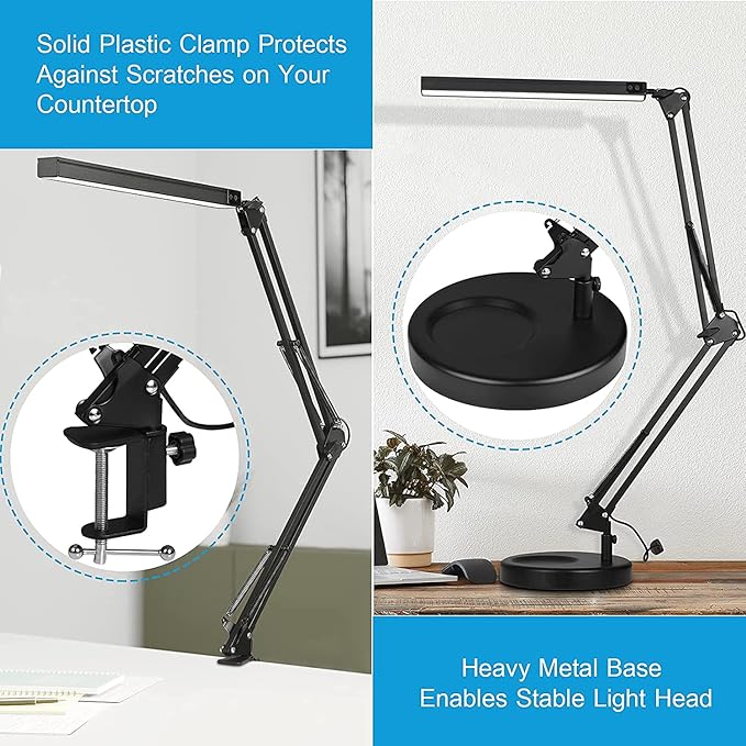 LED Desk Lamp with Clamp and Round Base,Eye Caring Table Lamp with Swing Arm,3 Color Modes 10 Brightness Levels,Memory Function, Desk Light for Home Office with USB Adapter Black-14W