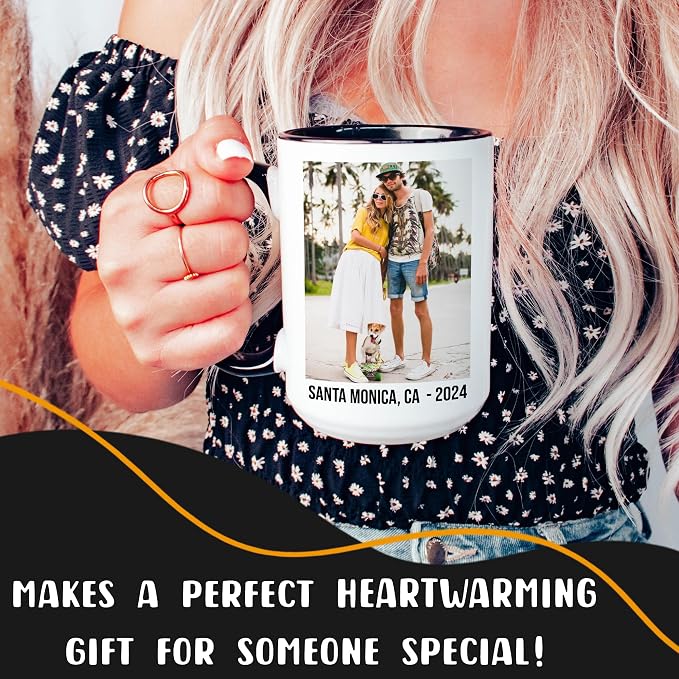 Personalized Coffee Mug 15 Oz, Custom Picture Text or Logo Ceramic Mug, Customized Gift for Men & Women, Taza Personalizada with Photo and Words, Customizable Large Tea Cup | White - Black